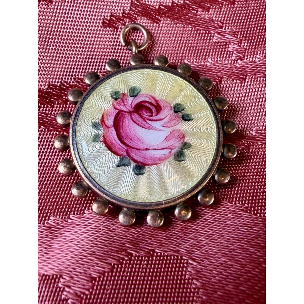 Vintage Guilloche Enamel Rose Pendant Locket Pink Flower Gold Tone Photo Charm